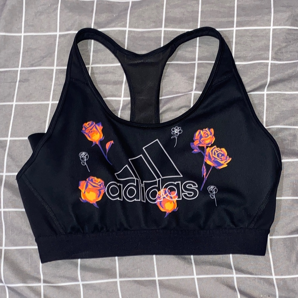 Adidas Black Bra with Orange Floral Accents